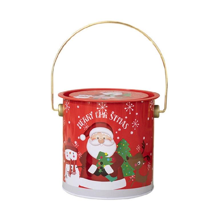2pcs Decorative Christmas Candy Boxes Handheld Round Bucket Portable Sweets Tins with Handle for Family Gathering
