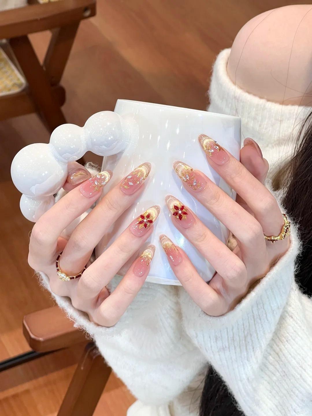 Elegant French Manicure Cat Eye Petal Series Medium-Long Oval Press-on Nails