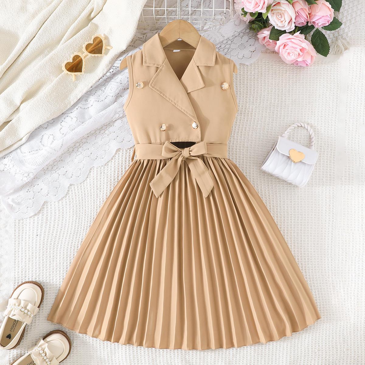 

Girls Sleeveless Blazer Style Pleated Dress, Belted with Bow Accent, Elegant A-Line Party Outfit 7Y