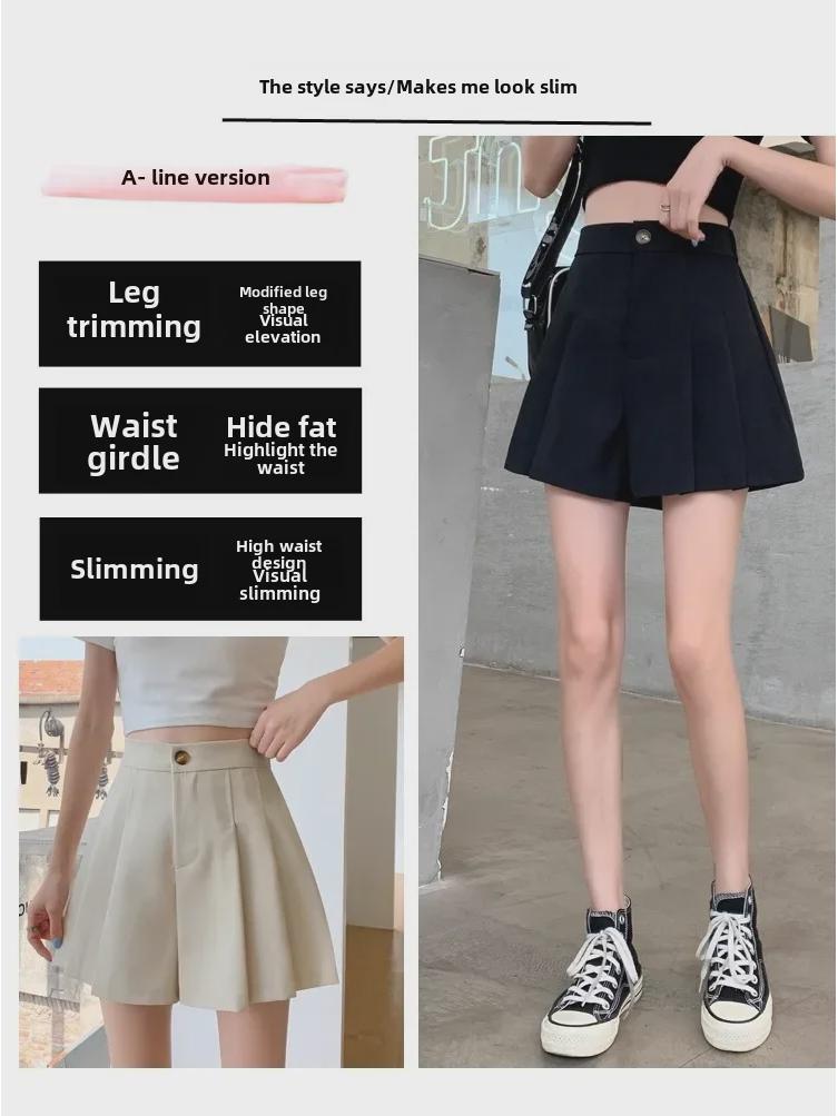 Large Black High-Waist Pleated A-Line Wide-Leg Shorts for Women