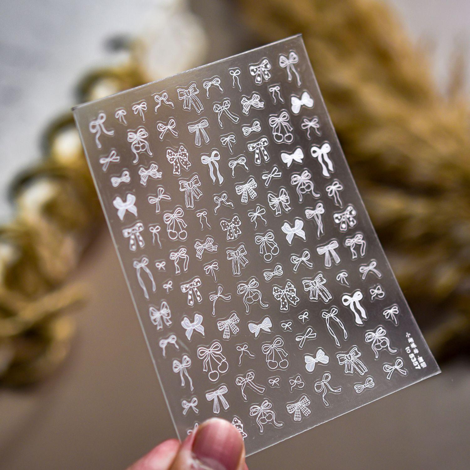 Shell Light Nail Stickers Small Fresh White Bow Ribbon Nail Charms Stickers Self Adhesive Nails 3D Decorations Parts DIY Decals