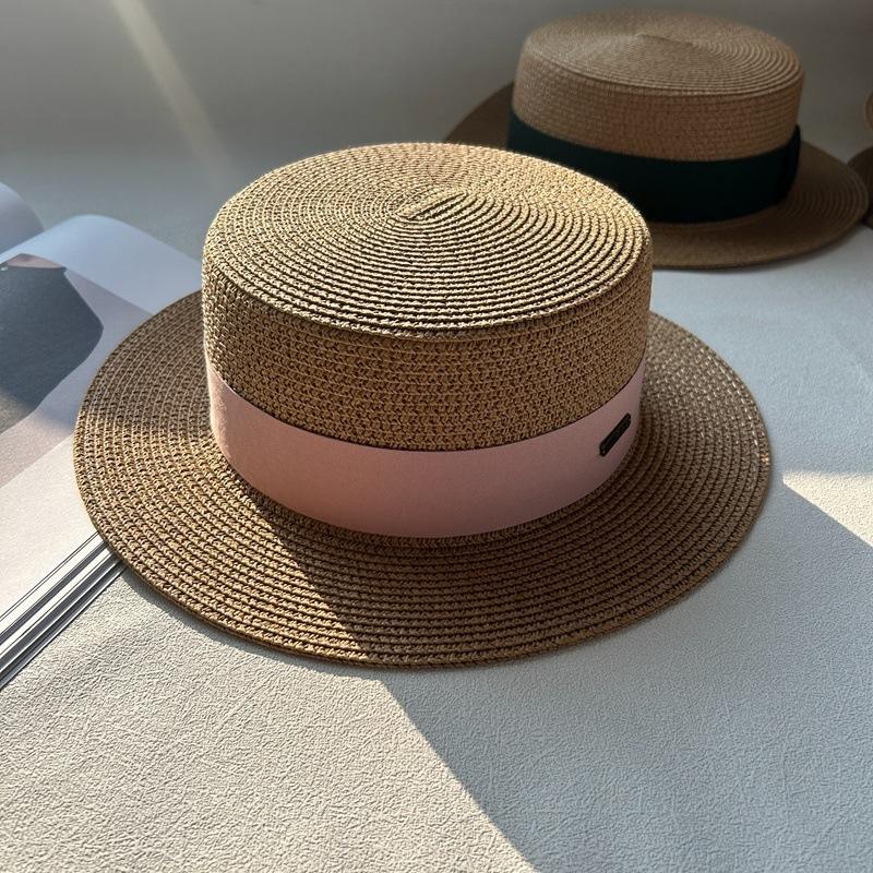 Flat Top Hat Women's Summer Vacation Seaside Panama Hat Flat Edge French Beach Hat Braided Sunshade Sunscreen Top Hat