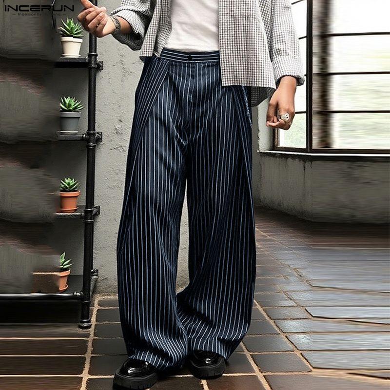 INCERUN Men Casual Zip-up Waist Striped Loose Layers Wide Legs Pants Long Trousers