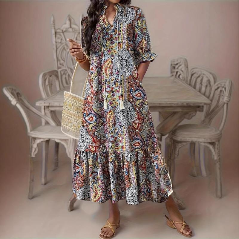 Women's Comfortable Casual Dress Women's Printed V-neck Ruffled Dress