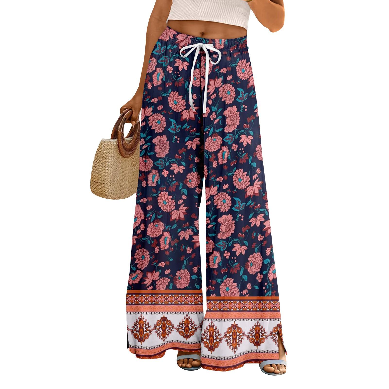 

Женские летние брюки-палаццо в стиле бохо с высокой талией, широкие повседневные брюки с цветочным принтом и карманами XXL розовый