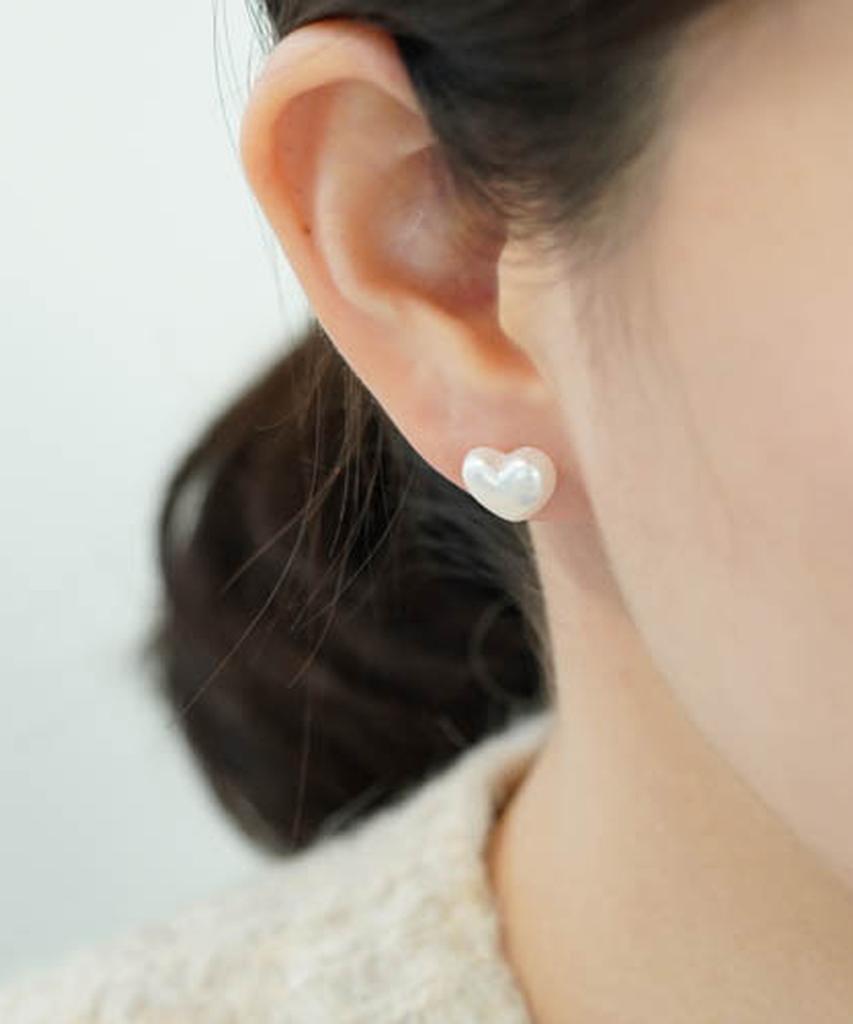 Alleun Silver 925 Glossy Heart Earrings Pearl Mini Bold