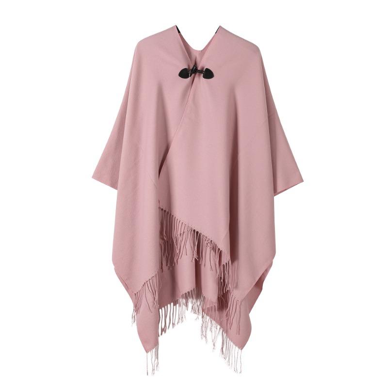 Solid Color Toggle Button Cape Shawl Tassel Hem Soft Faux Cashmere Poncho Wrap for Women