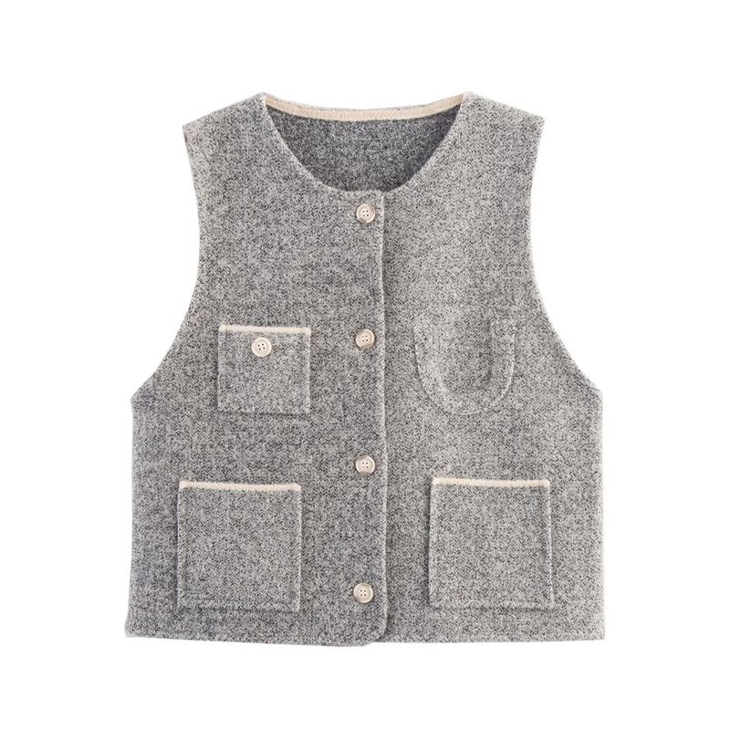 Kaslead New Women Clothes Western Style Fashion Bright Silk Graceful Round Neck Pocket Cardigan Sweater Vest