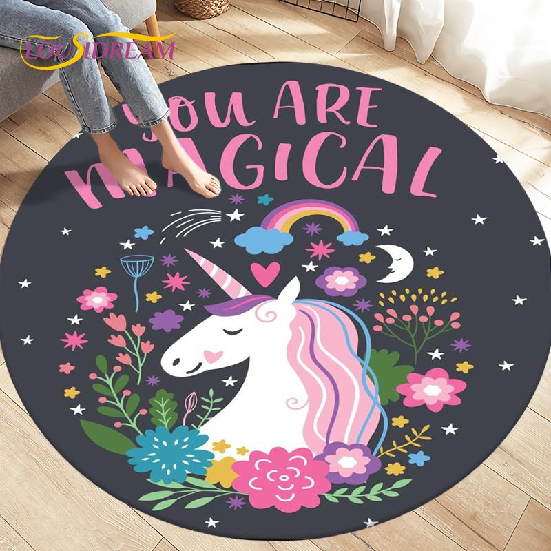Children's Cartoon Cute Unicorn Animals Area Rug Round Carpets Rugs for Living Room,Kids Play Crawling Soft Non-slip Floor Mats
