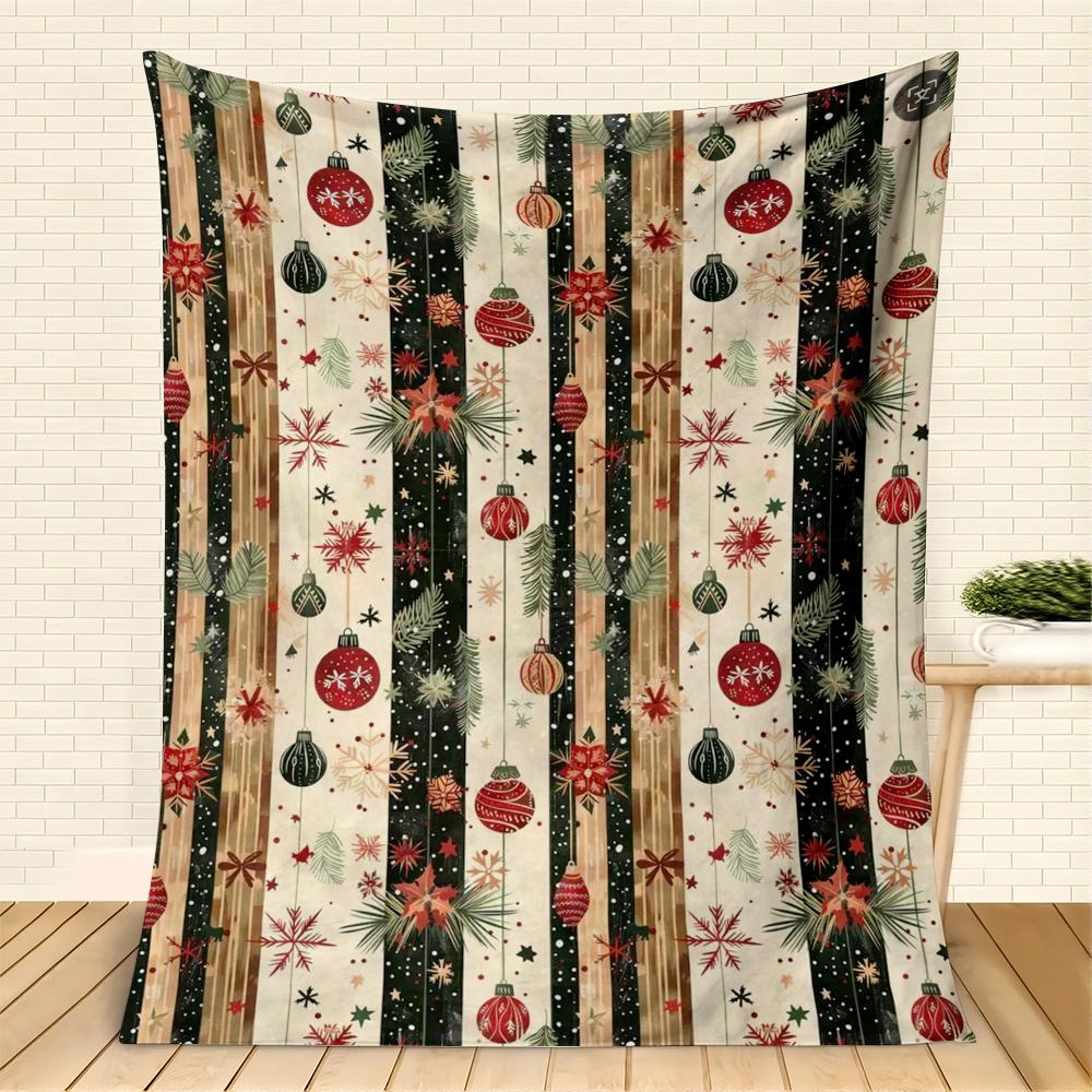 Kerst Ornament Gestreepte Fleece Deken, Retro Kerstbal Sneeuwvlok Poinsettia Bedrukte Worpdeken, Zacht Knus Feestelijk Huiscadeau