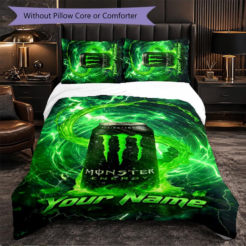 Monster Energy Customized Name Text Bedding Set, 1 Duvet Cover & 2 Pillowcases Personalized Bedroom Gift