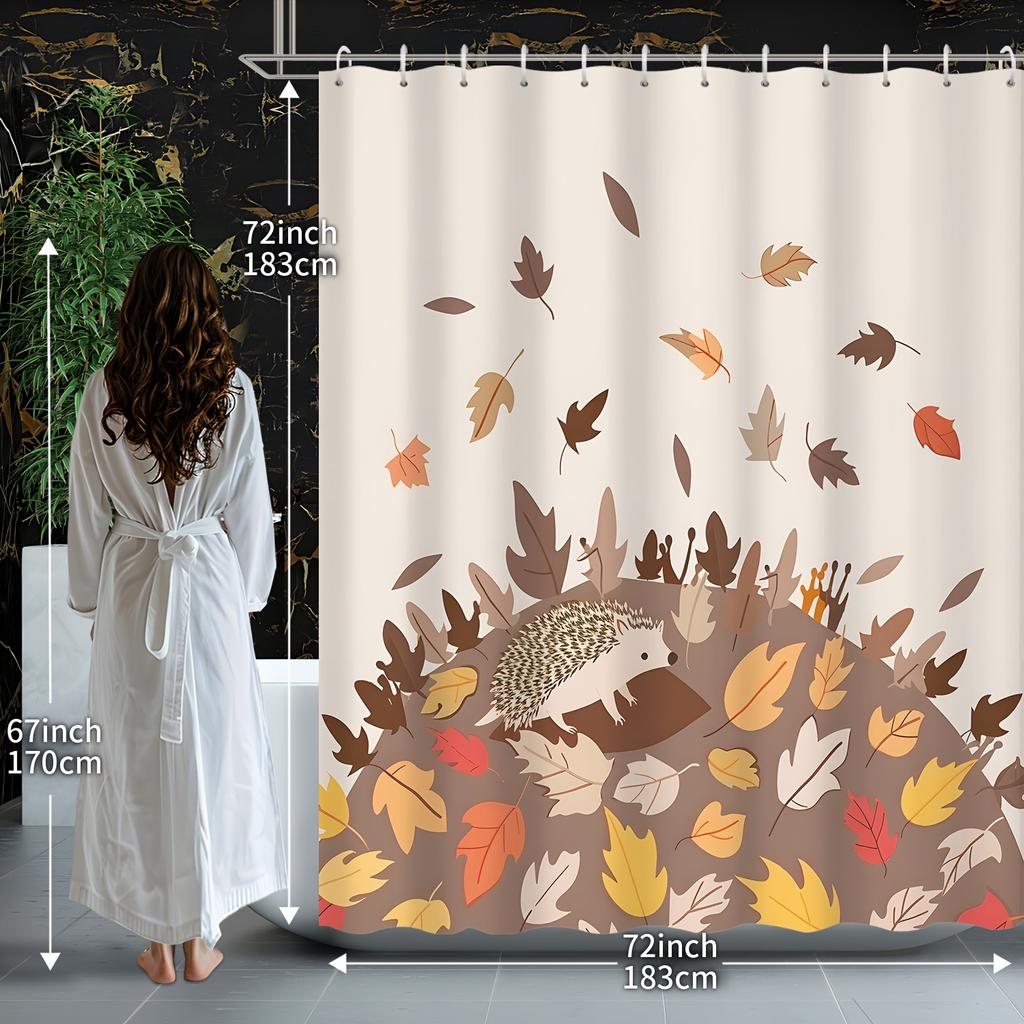 1Pc Autumn Home Decor Thanksgiving Cartoon Falling Maple Leaves Animal Hedgehog Shower Curtain Polyester Fabric Machine Washable