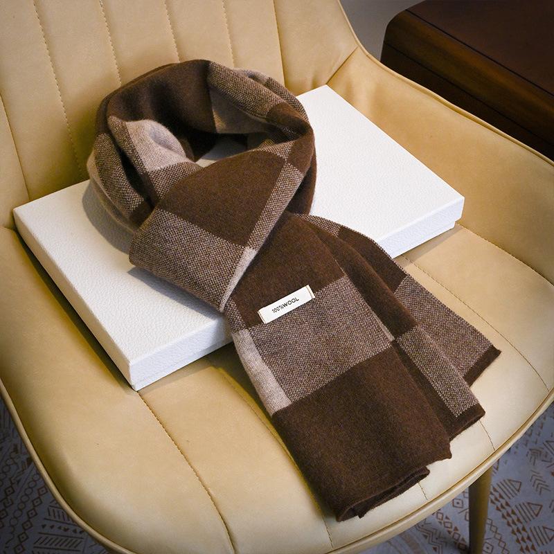 Knitted Scarf Men's Autumn and Winter Pure Wool Plaid Scarf Business Versatile Warm Scarf Boyfriend