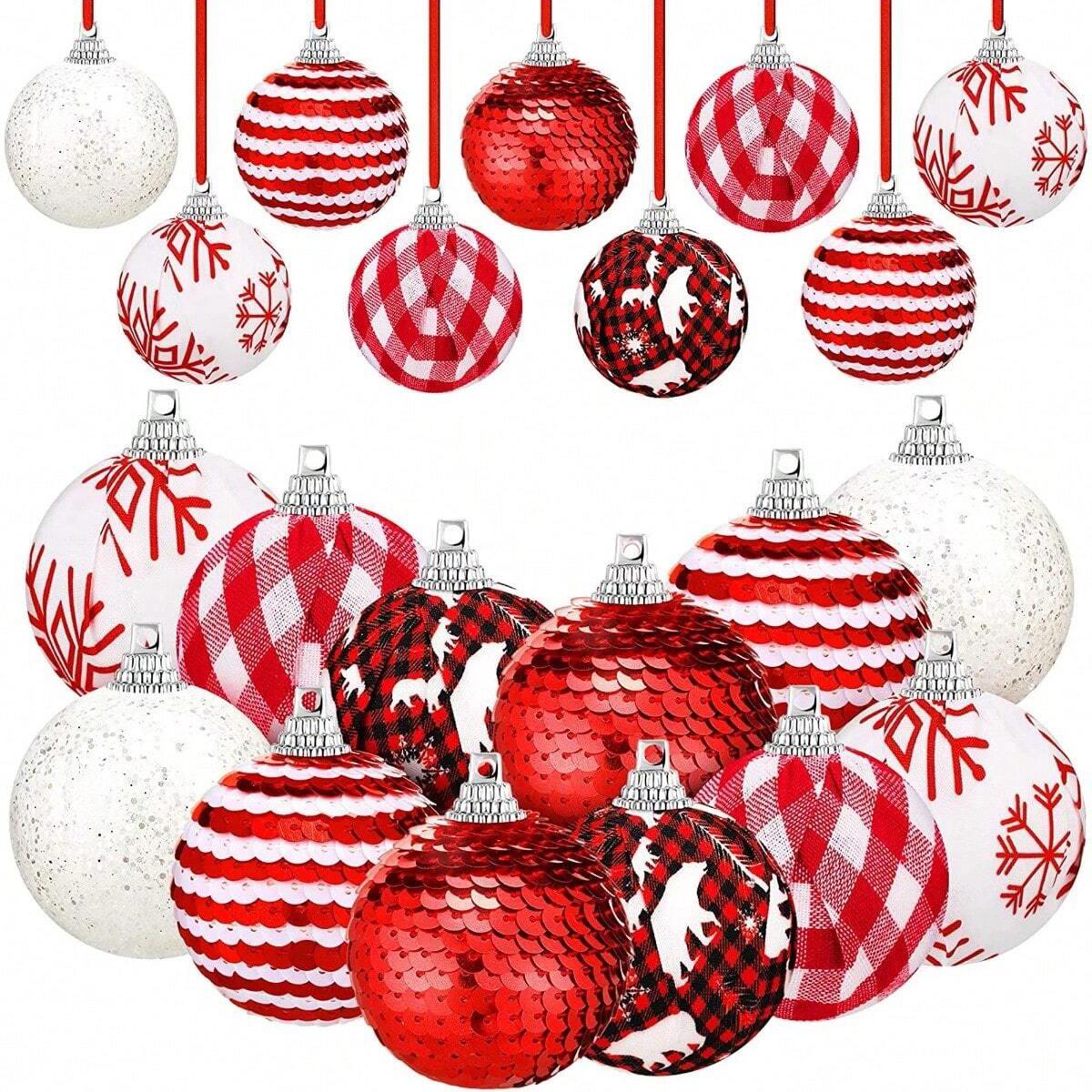 

12Pcs Buffalo Plaid Glitter Christmas Ball Ornaments, Rustic Hanging Tree Decor for Xmas Party Supplies Holiday Decor 5cm червоний