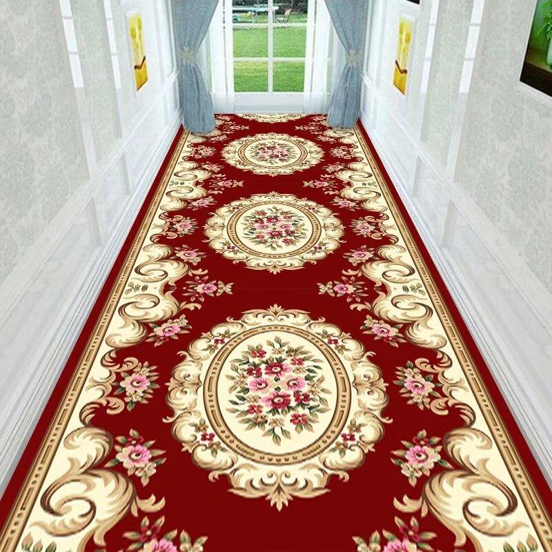 Red European Luxury Easy Clean Long Corridor Carpet Non-slip Lint-free Classical Hallway Rug Wedding Soft Passageway Floor Mat