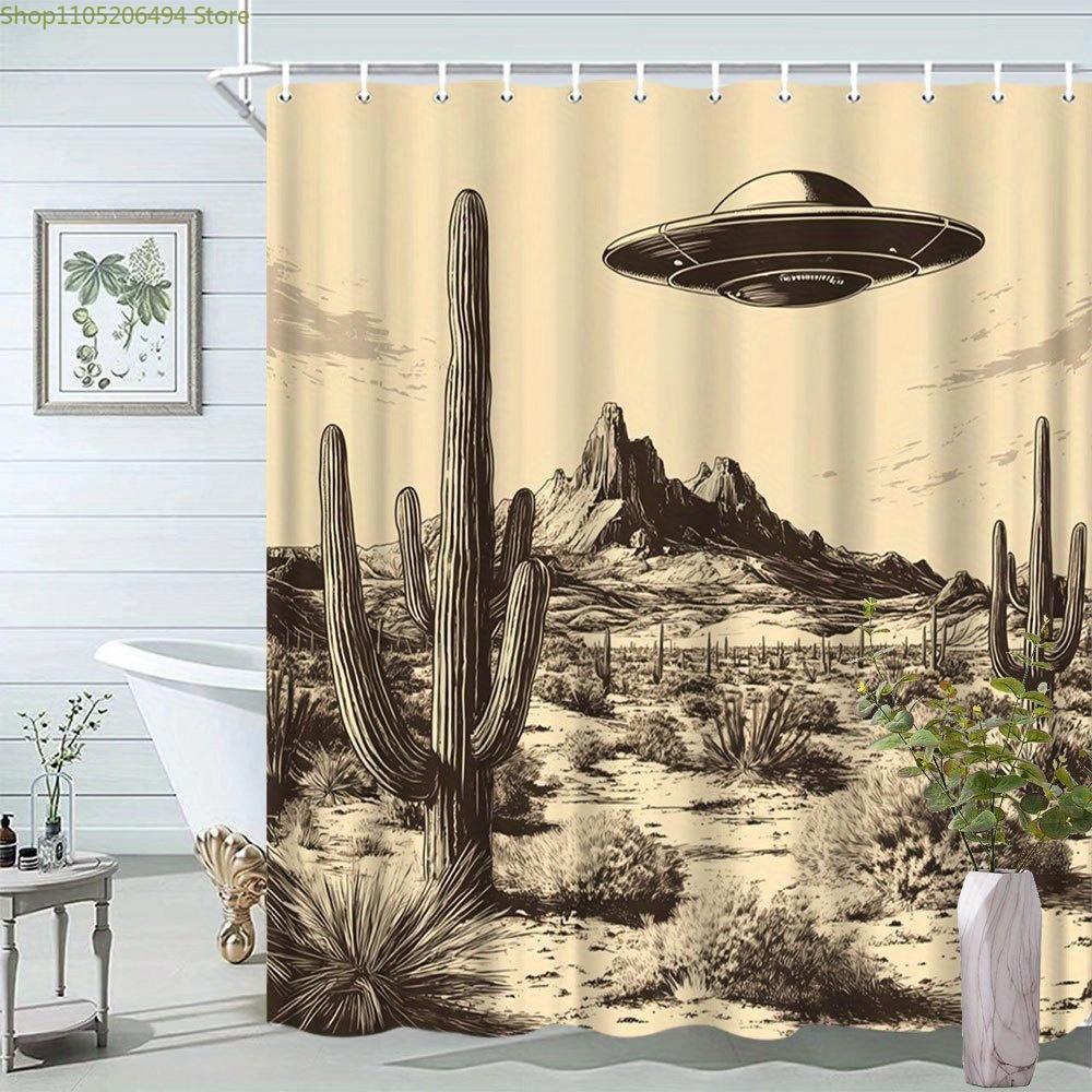 1pc Vintage Alien Desert Landscape Shower Curtain - Retro Cactus & UFO Scene, Durable Polyester Fabric, 70.8x70.8 Inch, Machin