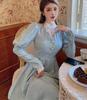 Elegant Women Blue Dress Vintage French Style Puff Sleeve Half High Collar Patchwork Lace Retro Princess Dresses Vestido Festa