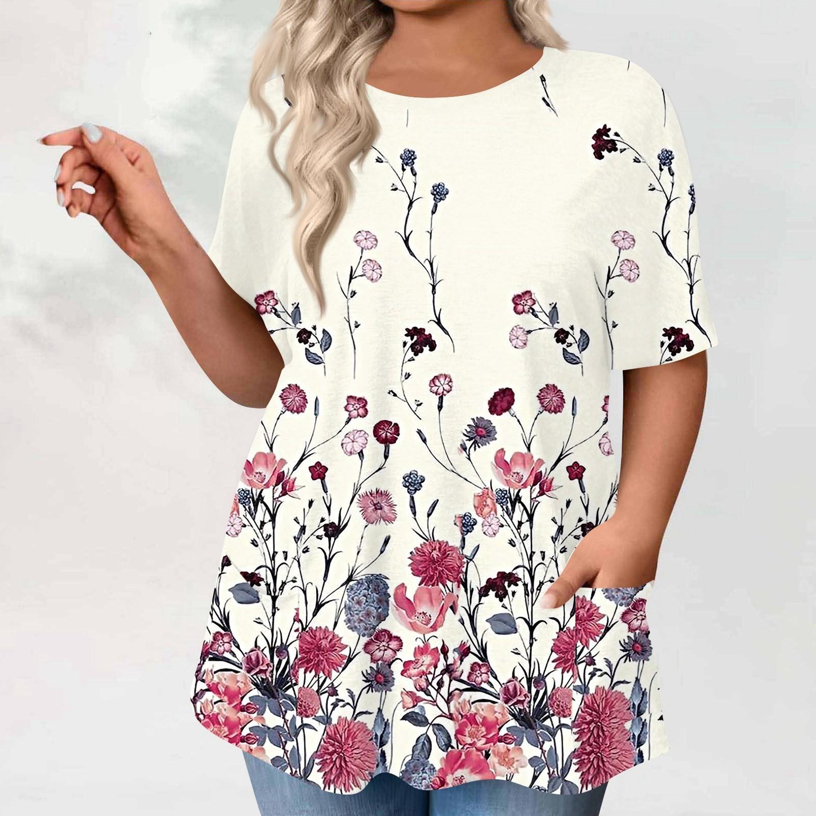 

Женские топы больших размеров с короткими рукавами, рубашки с круглым вырезом, с принтом, повседневные карманы, одежда, топы XXXL бежевый