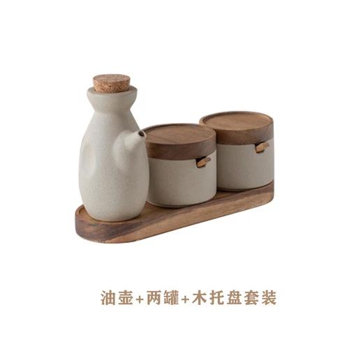 Vaso Ceramica Vintage per Condimenti Stile Giapponese Casa Cucina Sale Peperoncino Zucchero Vaso Olio Coperchio Legno Spezie Utensili Cucina Moderno