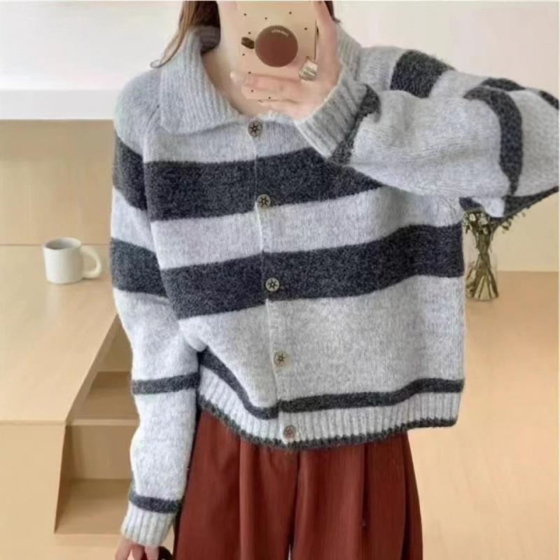 Autumn Winter Loose Casual Polo-neck Striped Patchwork Cardigan Sweater Women All-match Button Knitting Top onesize