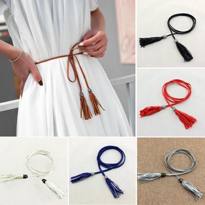 Females Weaving Waistband Skinny with Tassels Flower Shape Buckle All Match Belt