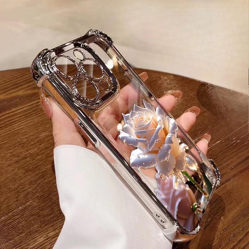 Crystal Rose Electrode Plating Anti-fall Case Suitable for iPhone 16 15 14 13 12 11 Pro/ Max/Plus Shockproof Back Cover