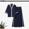 VONDA Oversized Womens Elegant Two Piece Set V Neck Half Sleeve Blouse and Wide Leg Pants Casual Loungewear Outfits