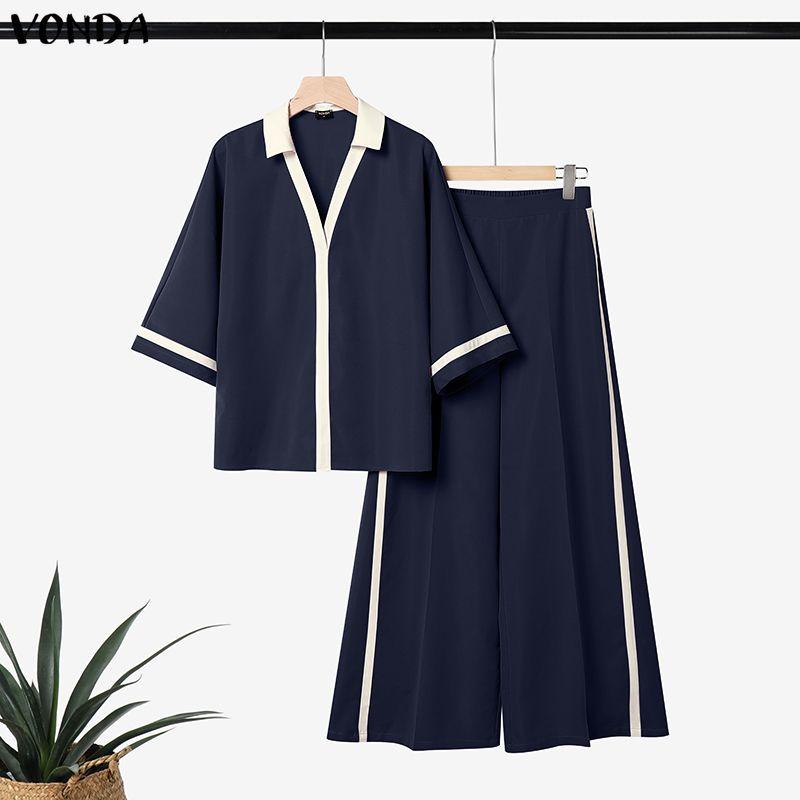 VONDA Oversized Womens Elegant Two Piece Set V Neck Half Sleeve Blouse and Wide Leg Pants Casual Loungewear Outfits