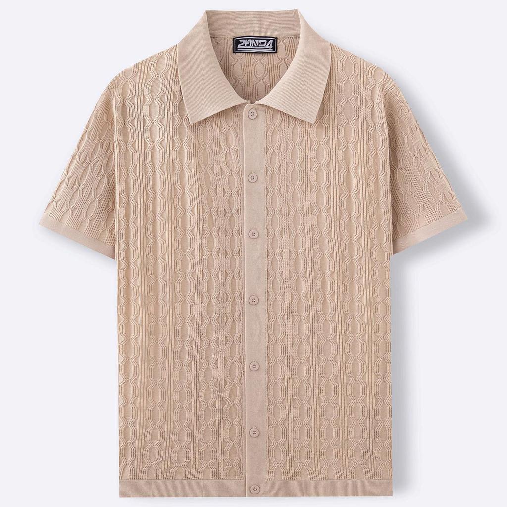 Men's Summer Casual Knit Jacquard Short Sleeve Cardigan Business Polo Shirt Button Front Lightweight Breathable Fabric
