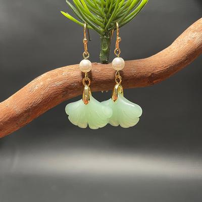 Retro Green Jade Ginkgo Leaf Style Pearl Drop Earring Chinese Ancient Style Hook Earrings For Women Gift