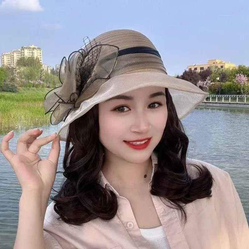 

Summer New Arrival Hat Wig Integrated Fashion Fisherman Hat Curly Hair Elegance Sun-Proof Flower Elegant Top Hat 25cm short curly hair light brown wig