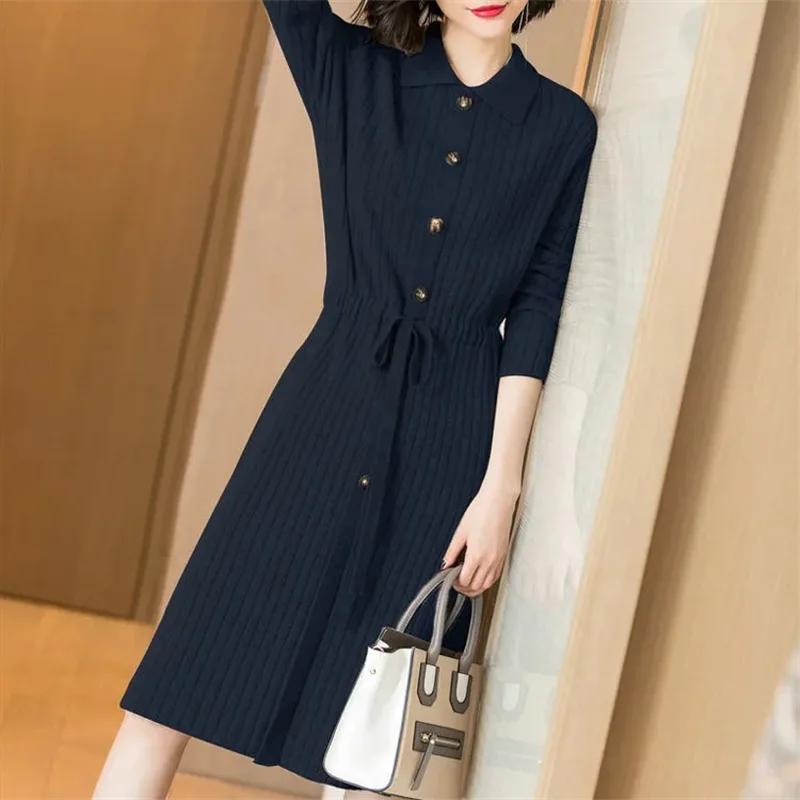 Loose Pullover Sweater Dress Lace-UP 2026 New Spring High-End Turn-Down Collor Long Knitted Dress Women's Autumn Dress JJ271