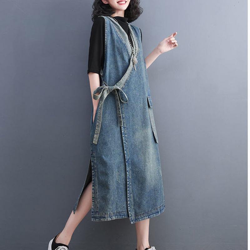 Sommer Plus Größe Mode Ärmellose Frauen Elegante Dame Lange Weste Gürtel Kleid Lose Kleidung Blau Oversize Denim Kleid