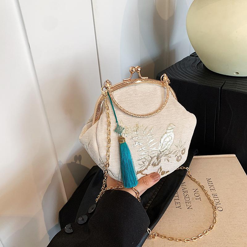 Fashion Vintage Fringe Bag Small Shell Bags Chain Women Shoulder Crossbody Bag Crane Flying Women's Handbags Purses Embroidery