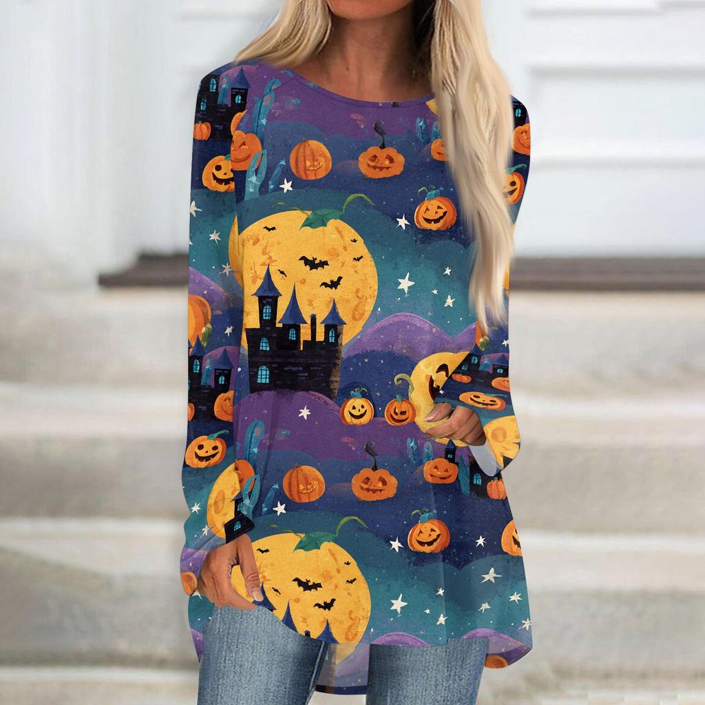 Women's Long Sleeve Halloween Print Tunic T-Shirt Round Neck Casual Top