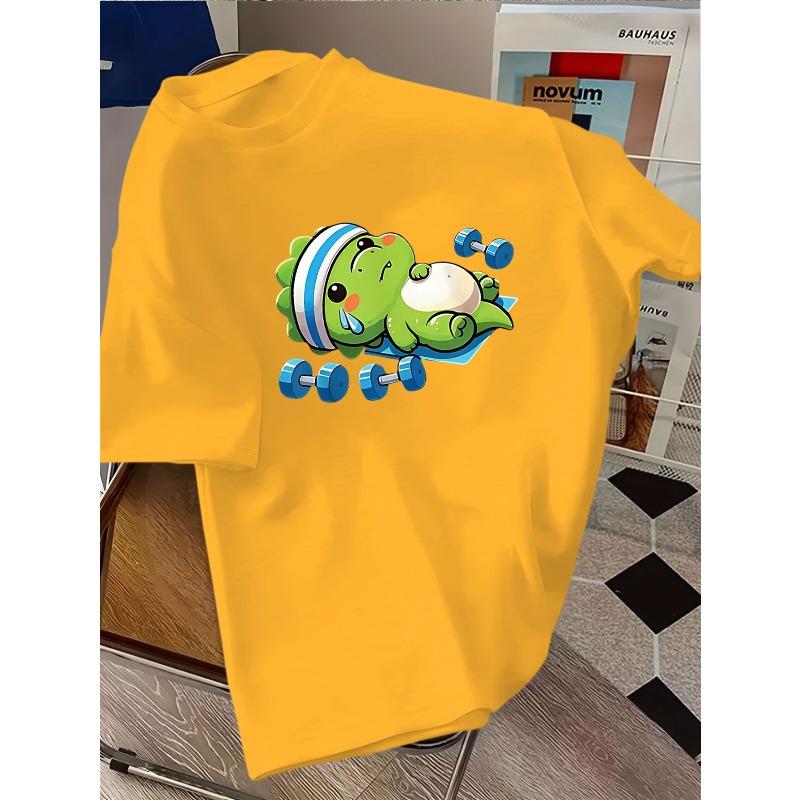 European sizes Cute Green Dinosaur Pattern Casual T-Shirt | Summer New Fashion, Unisex, Short Sleeve, Medium Stretch Fabric, Crew Neck