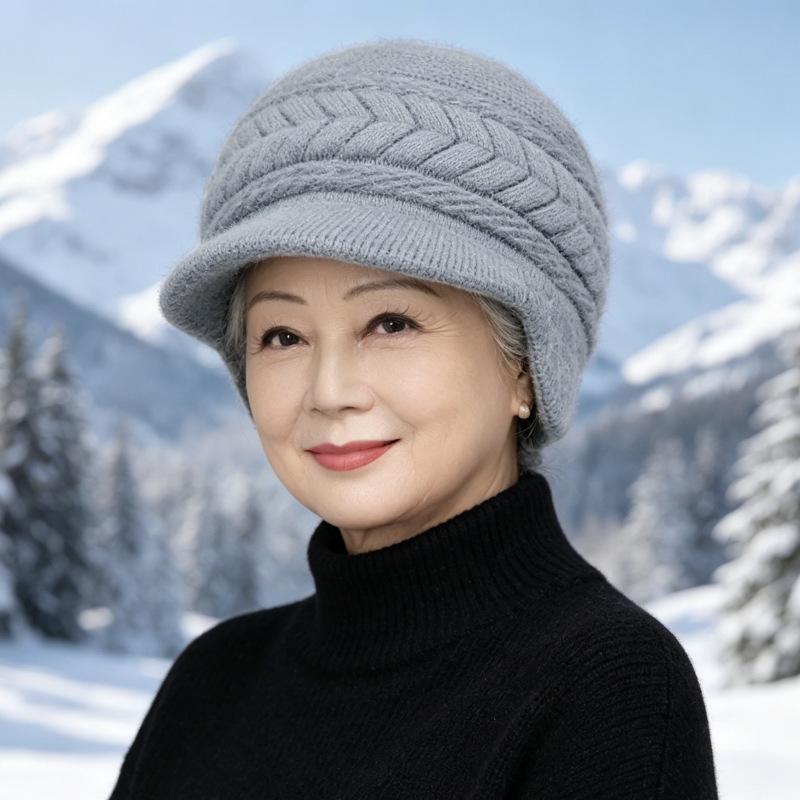 Middle-aged and elderly hats, women's autumn and winter fashion mother hats, fleece thickened ear protectors, cold-proof and warm knitted wool hats