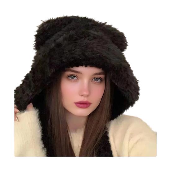 Women Hat Bear Shape Solid Color Winter Knitted Hat with Lace-up Cold Weather Thick Warm Plush Headwear