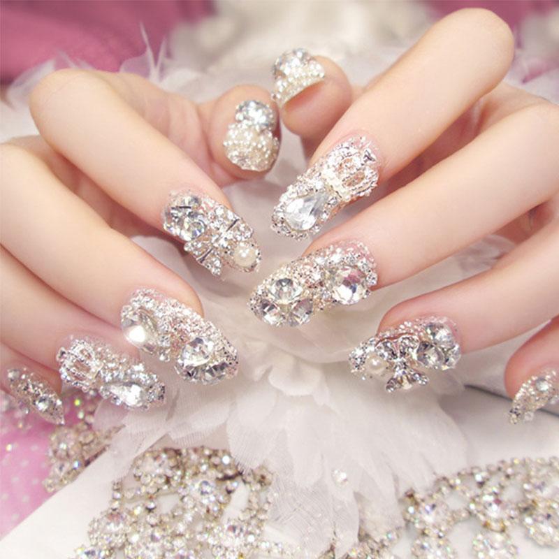24Pcs Long Press On Nails With Glitter Diamond Pearl Bowknot And Crown Design Artificial Acrylic Fake Nail Tips