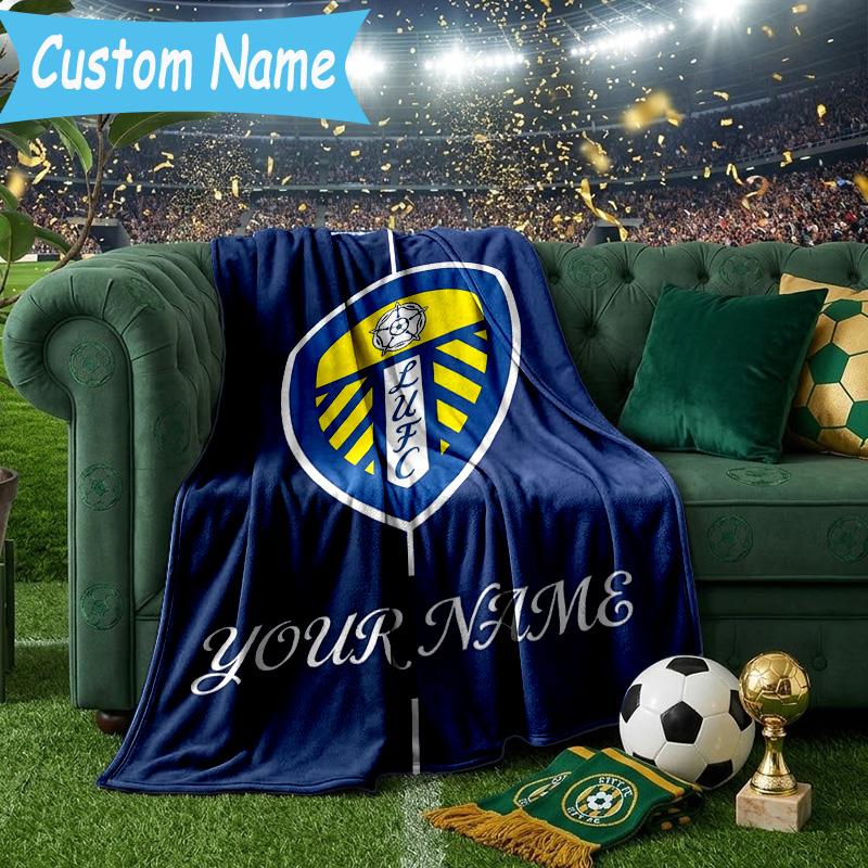 Custom Name Leeds United Crest Design Flannel Blanket, Use for Birthday/Holiday Gift, Soft Blanket for Sofa/Bed/Camping/Office, Home Decor