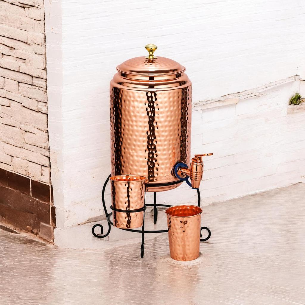 Copper Water Dispenser Set – 5 Litres | Hammered Natural Finish | Includes Stand, 2 Glasses & ABS Tap | Ayurvedic Tamra Jal Water Storage Pot