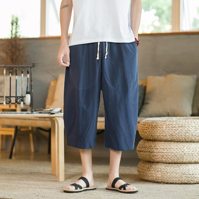 Loose Cotton Linen Men's 7/8 Pants Summer Casual Wide Leg Shorts Breathable Comfortable Loose Fit Male Model Beach Style