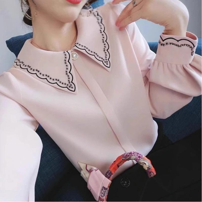 Women's Beige Peter Pan Collar Blouse Embroidered Detail Long Sleeve Elegant Casual Office Top For Daily Wear