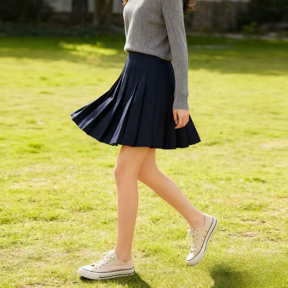 Sailor-Style Pleated Dark Blue Skirt – Short, Solid Color, School Uniform Style