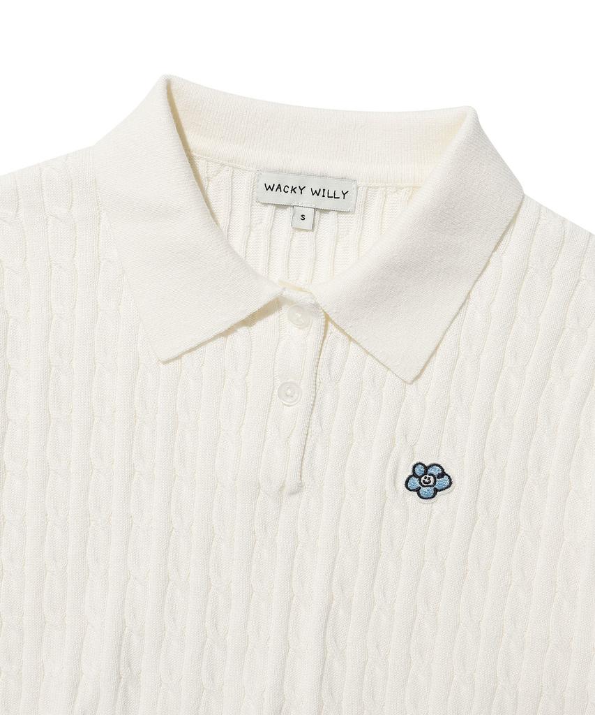 WACKY WILLY Women'S Cable Collar Short Sleeve Knit White