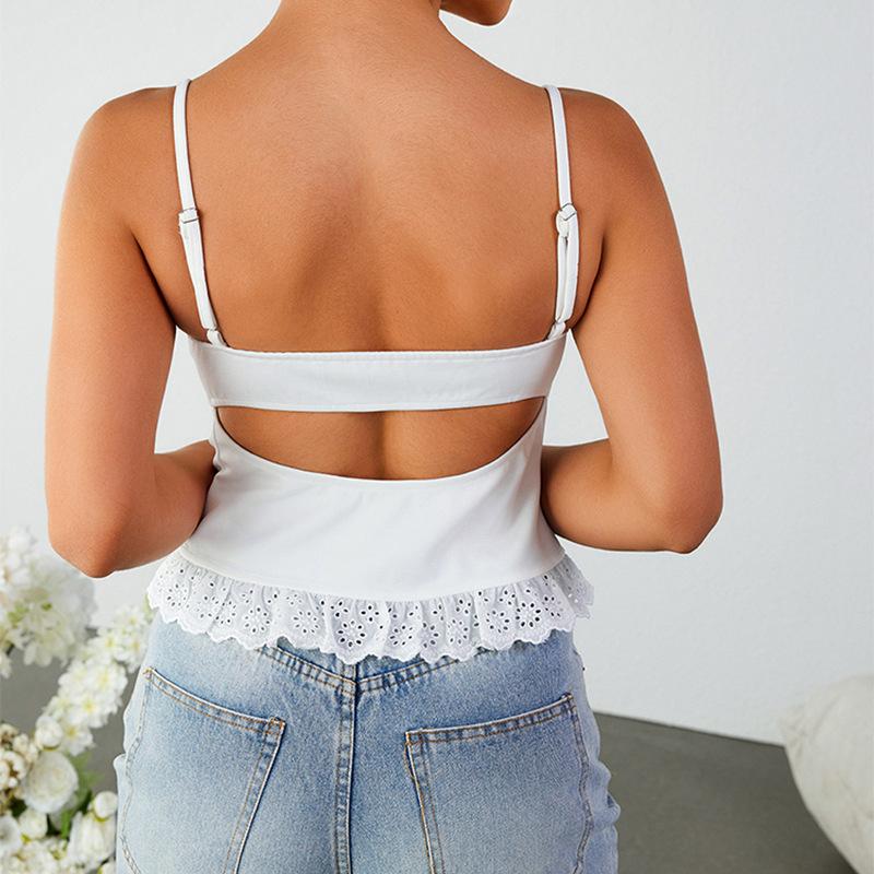 Embroidered hollow sling women's vest, European and American sexy backless front buckle spliced short sling top