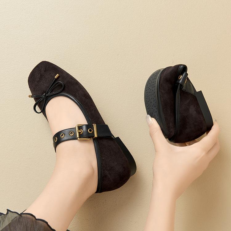 Sheepskin flat-soled single shoes new one-word belt super soft Mary Jane women's shoes bow soft-soled grandma shoes