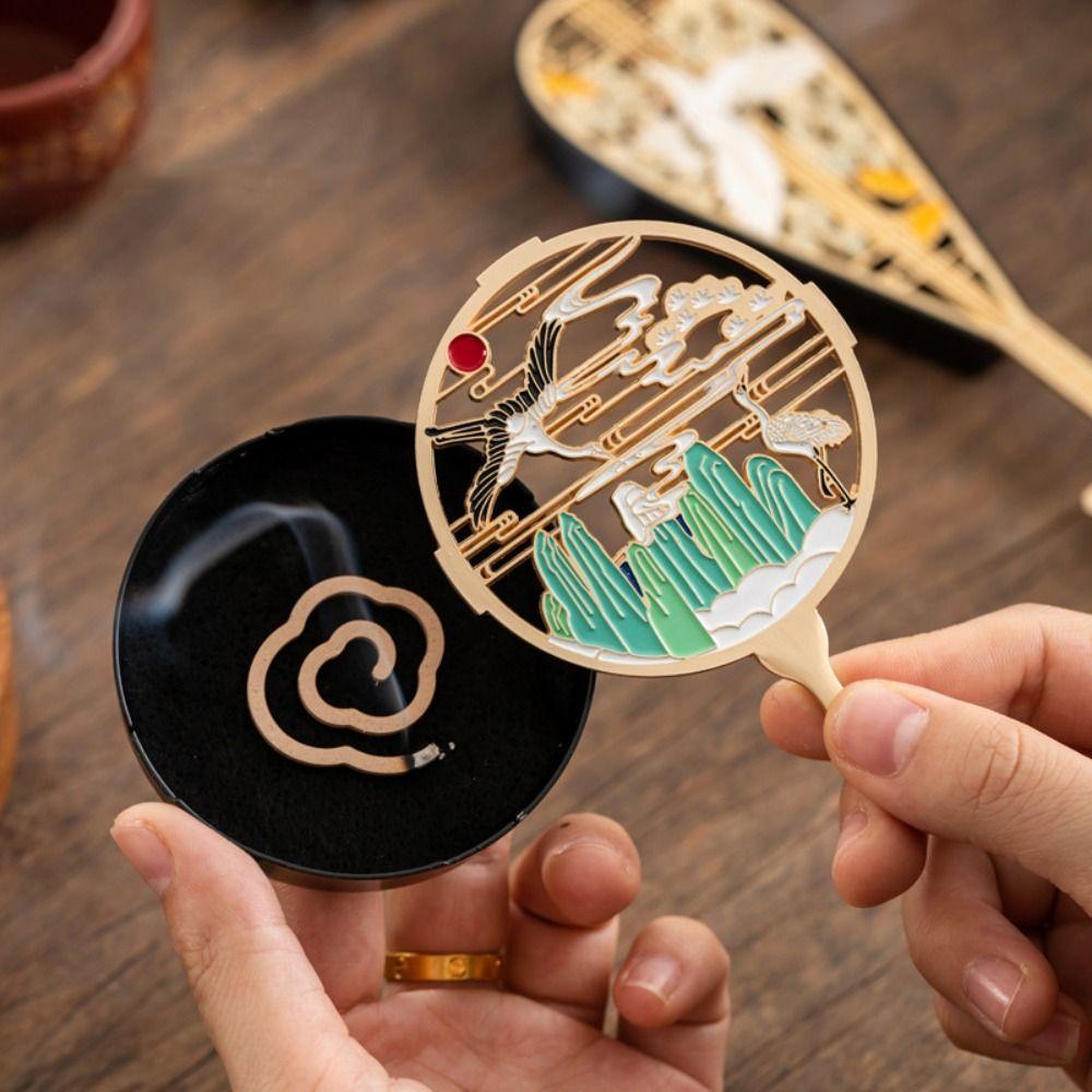 

Crane Fan-shaped Incense Burner Hollow Out Sandalwood Censer Mini Incense Burner Box Tea Ceremony Style A