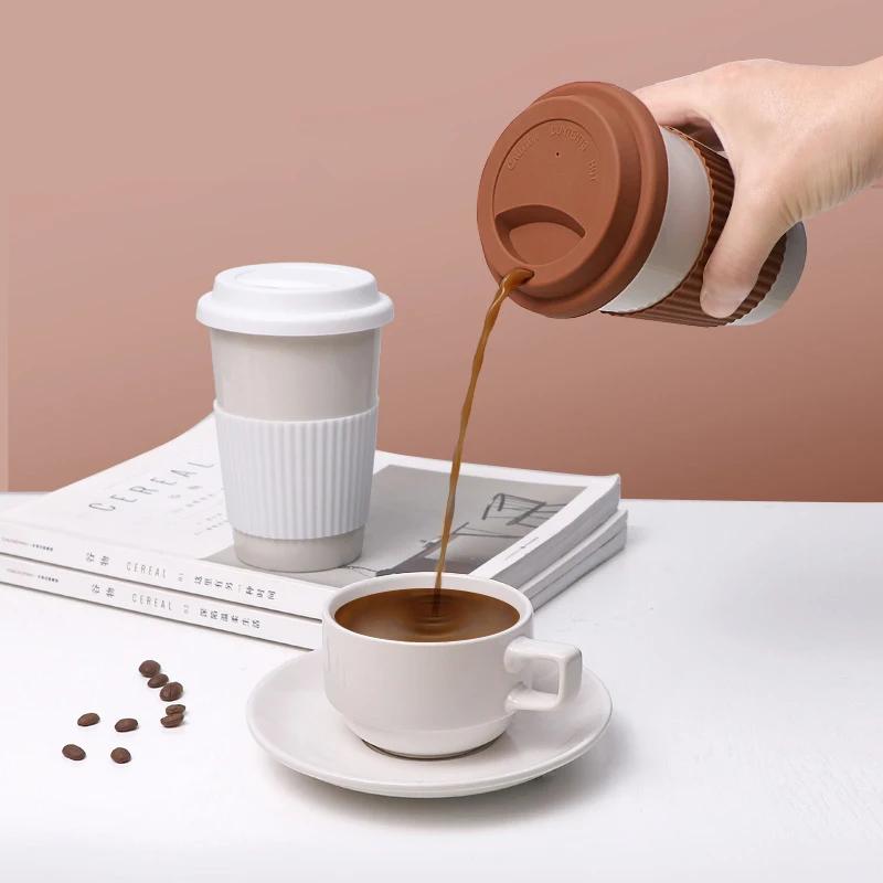 12.8Oz Ceramic Coffee Mug with Silicone Lid - Portable Travel Cup for Milk, Tea & Office/Home Use, Creative Design