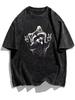 Vintage Koszulka z Graficznym Szopem Bawełna Płukana Kwasowy Wash Streetwear T-shirt Retro Zwierzęcy Nadruk Góra Luźna Codzienna Odzież Unisex
